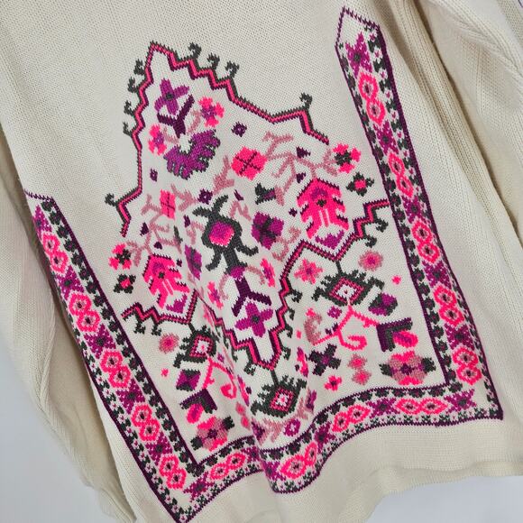 Vintage 70s Sweater Cream Pink wool Blend Southwestern Balkan Pullover Size L - Picture 2 of 7